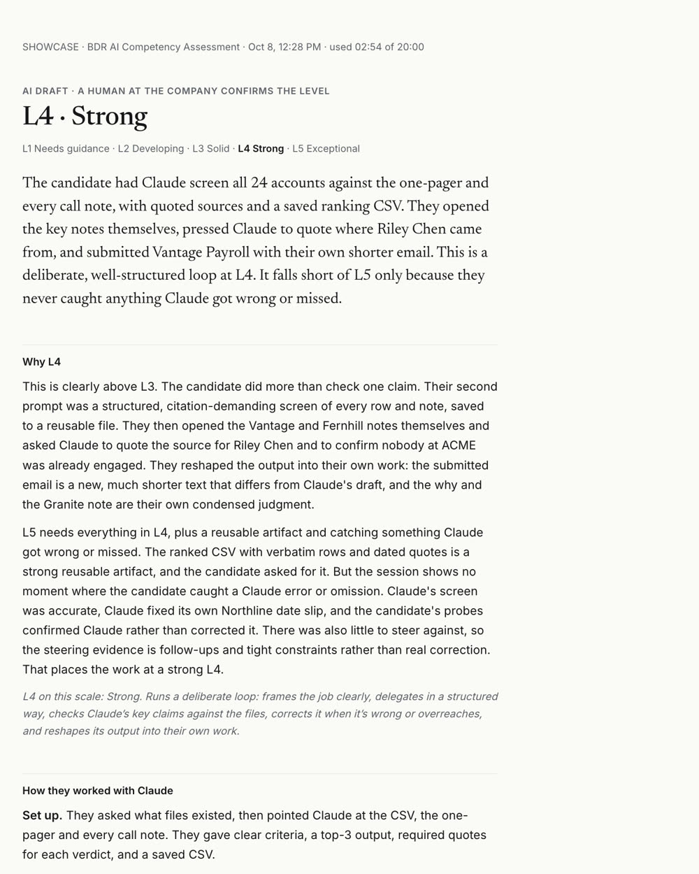A SHOWCASE report showing L4 Strong, a summary of the session, and why it’s L4 and not L5.